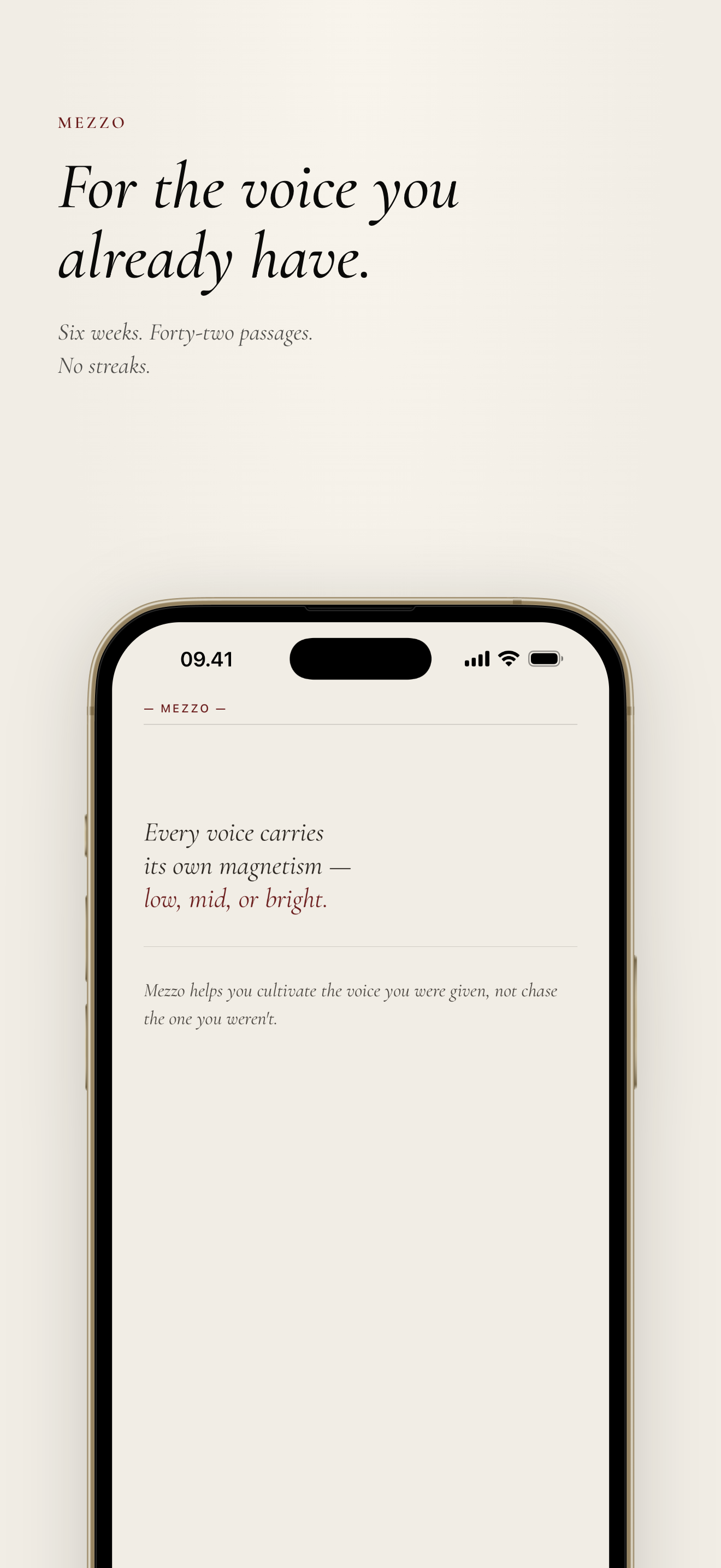 Mezzo's opening promise screen — editorial italic text on cream.