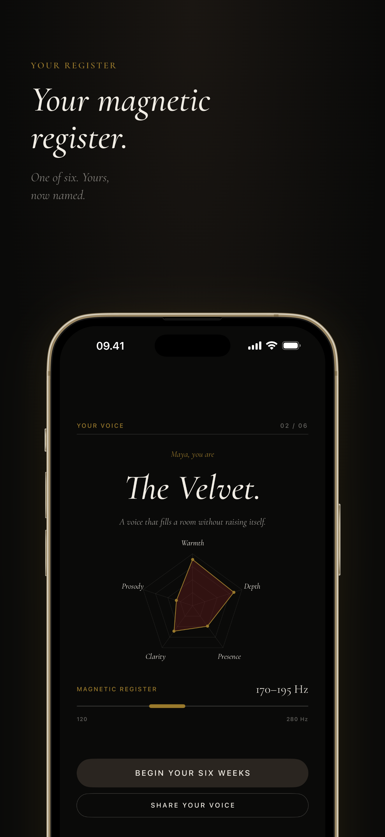 The reveal screen — your archetype, magnetic register, and 5-axis voice radar.