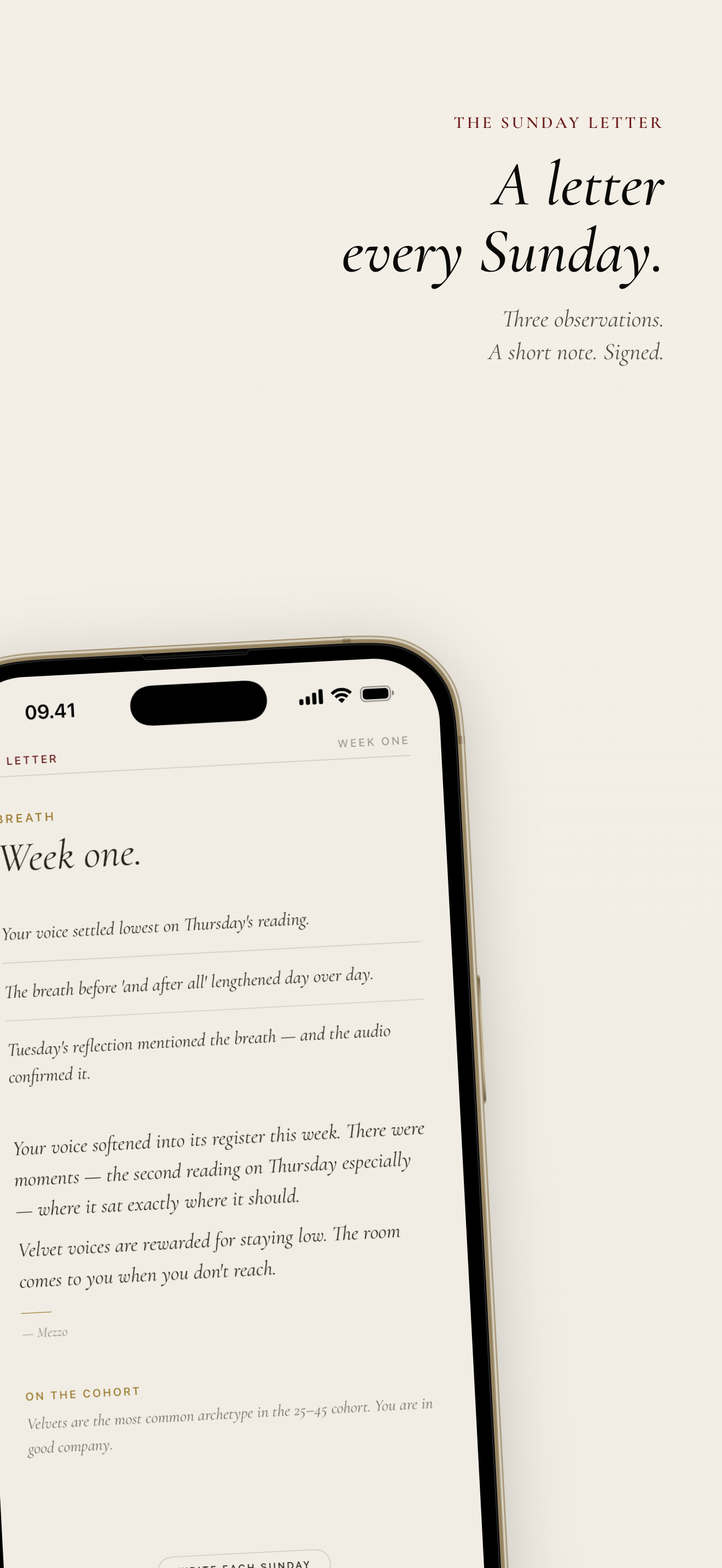 The Sunday Audit screen — three measurements and a letter signed Mezzo.