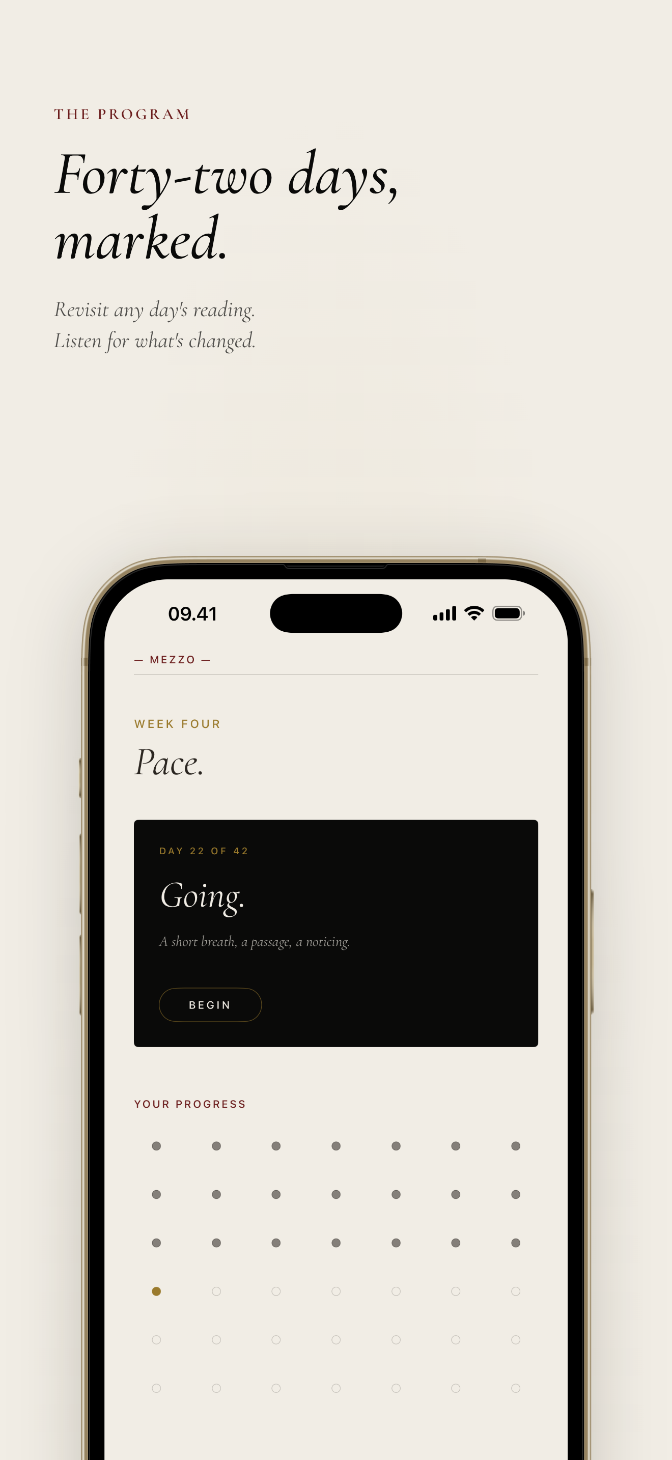 The home screen — week framing, today's session, calendar of forty-two days.